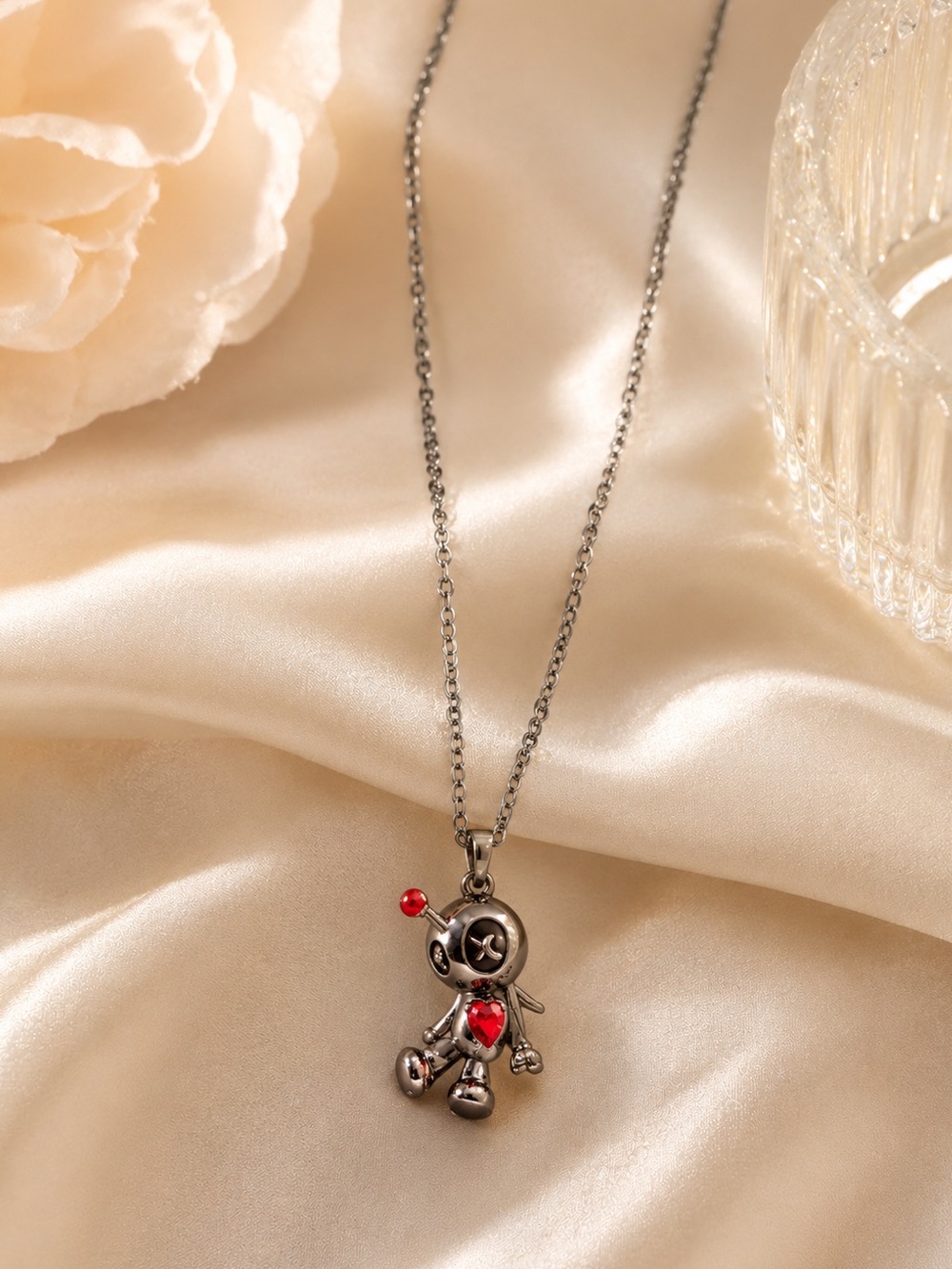 Stainless Steel Robot Pendant Necklace with Red Heart Accent